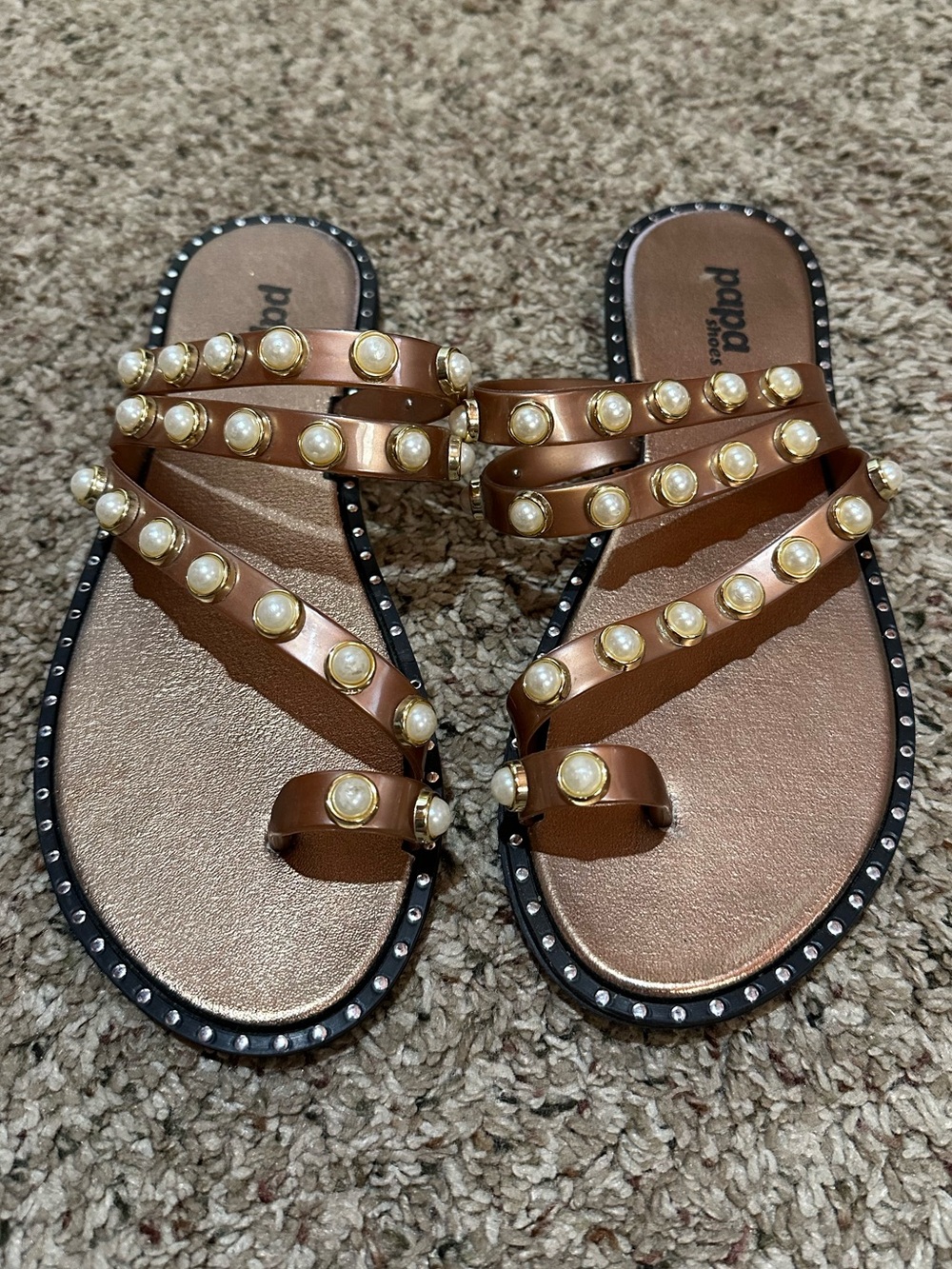 Papa Shoes Pearl-Studded Copper-Colored Sandals
